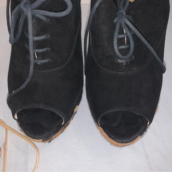 Prada Black Suede Leopard Print Calf Hair Peep Toe Wedges - Picture 6 of 10